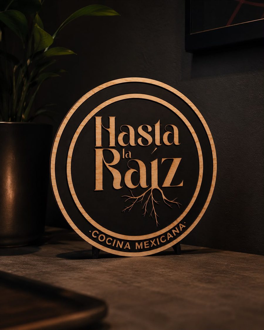 Rótulo circular de madera clara con el logotipo de Hasta la Raíz Cocina Mexicana en relieve, apoyado sobre una barra oscura.